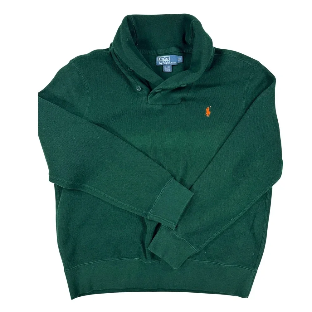 Polo Ralph Lauren VTG Shawl Collar Sweatshirt Mens XL Green‎ Orange Pony Cotton